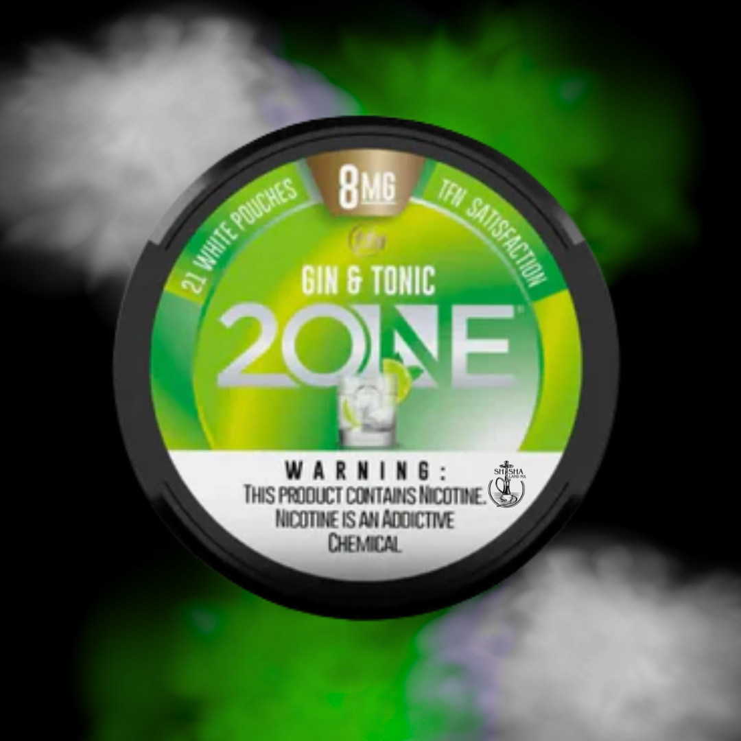 Lata de bolsitas de nicotina 2ONE sabor Gin and Tonic 8 mg contenido 21 piezas pouch