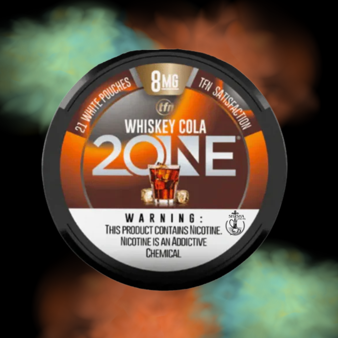 Lata de bolsitas de nicotina 2ONE sabor Whiskey Cola 8 mg contenido 21 piezas pouch