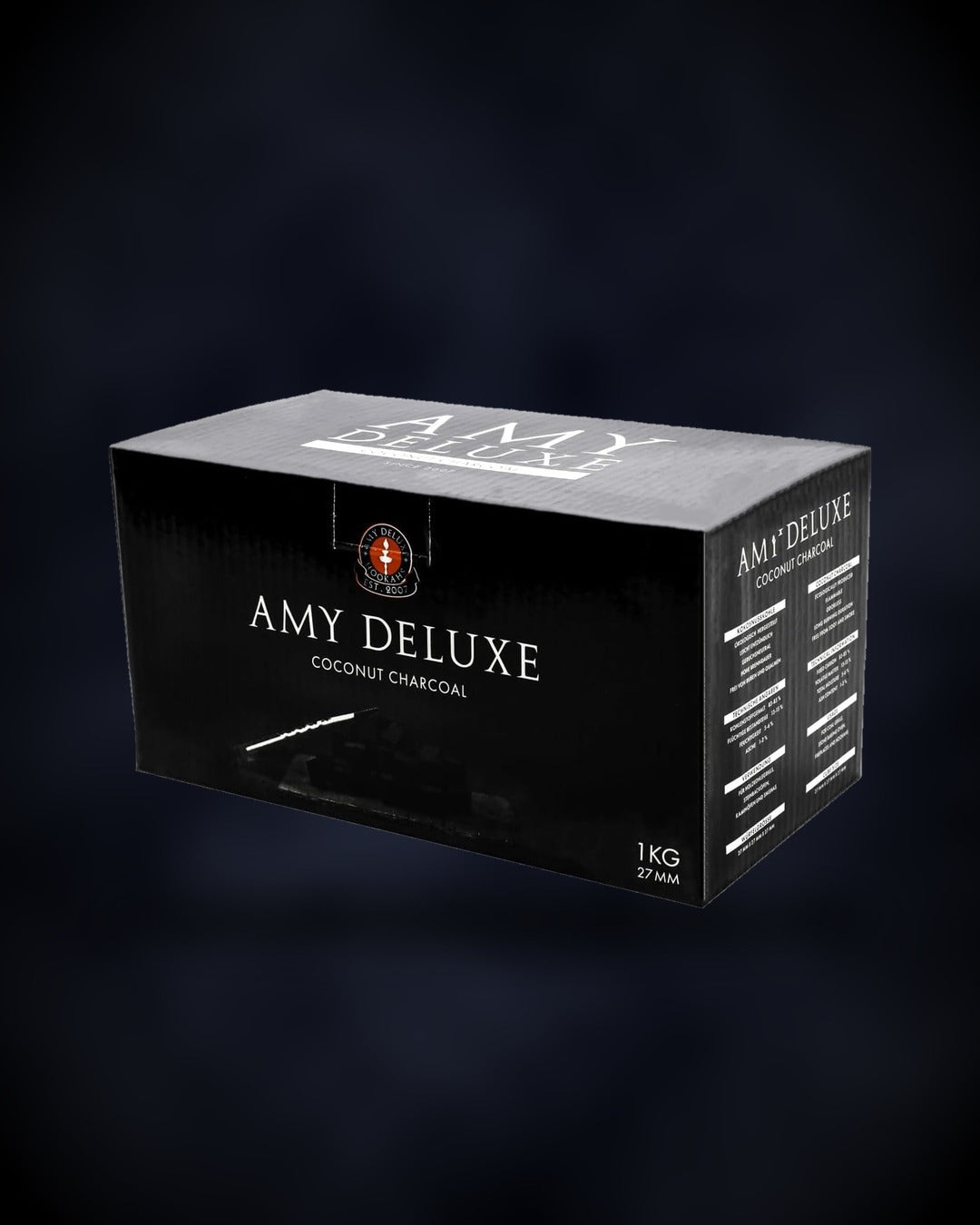 Carbón natural de coco AMY Deluxe 26mm, caja negra de 1 kg para shisha - Shisha Land Mx