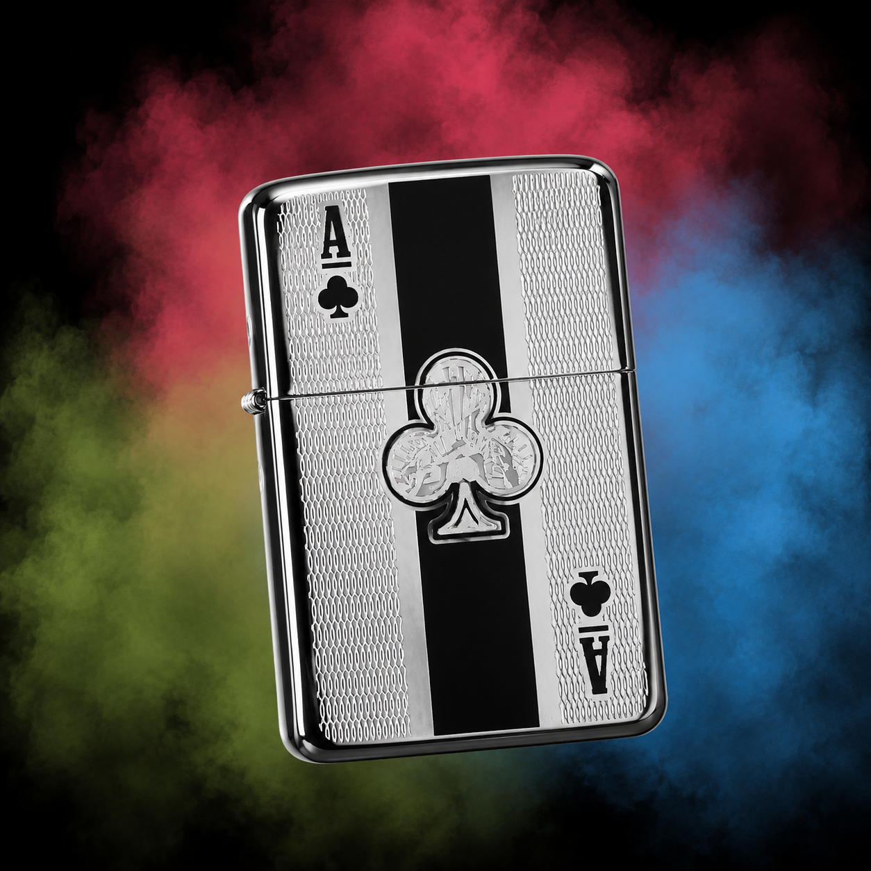 Encendedor tipo Zippo recargable metálico con diseño grabado de naipes y cartas de póquer negro