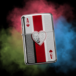 Encendedor tipo Zippo recargable metálico con diseño grabado de naipes y cartas de póquer rojo