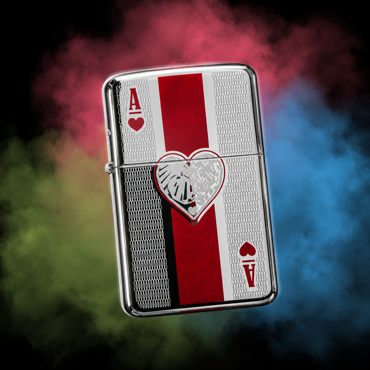 Encendedor tipo Zippo recargable metálico con diseño grabado de naipes y cartas de póquer rojo