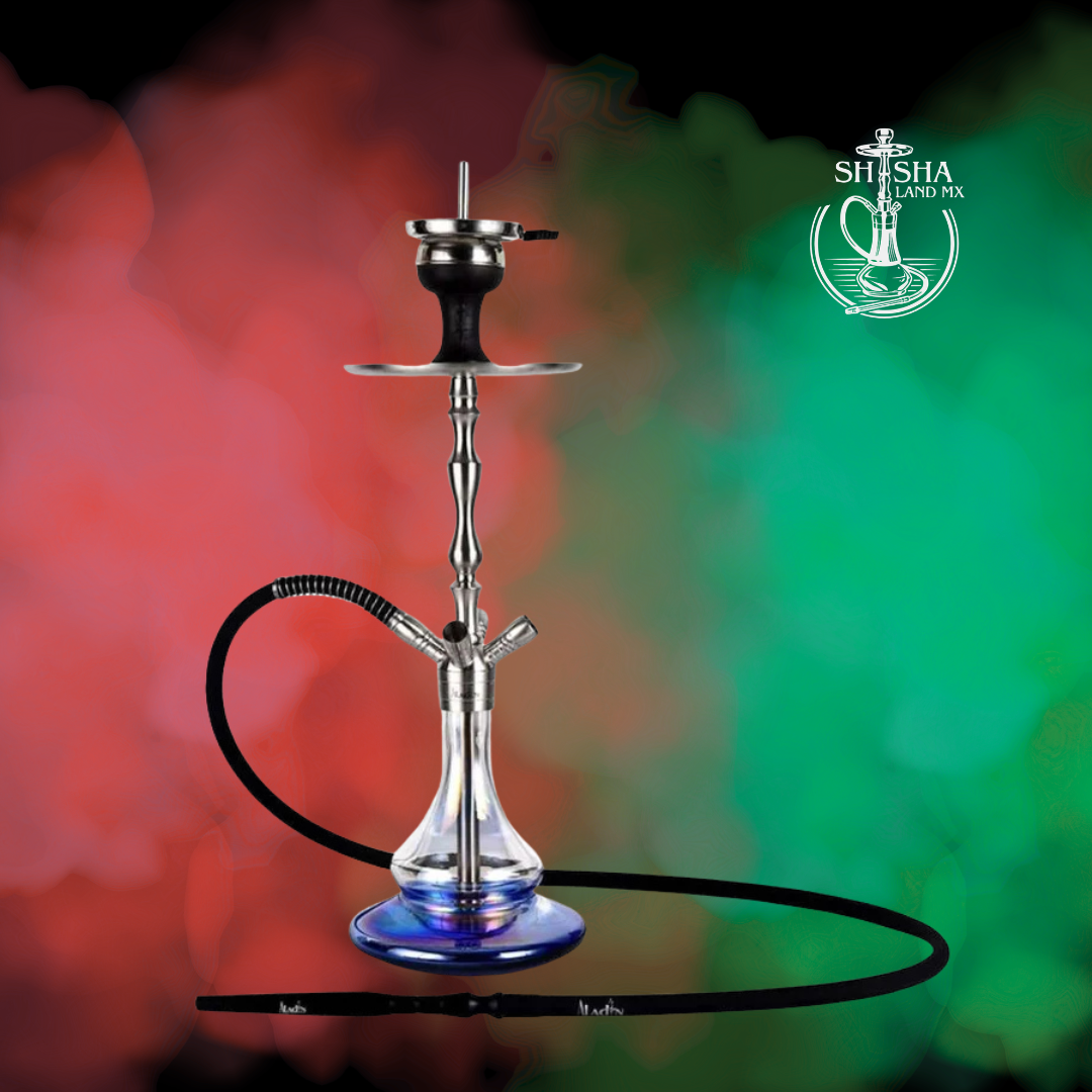 Shisha Aladin MVP 500 de acero inoxidable color Transparente fondo azul, cachimba, hookah y narguile