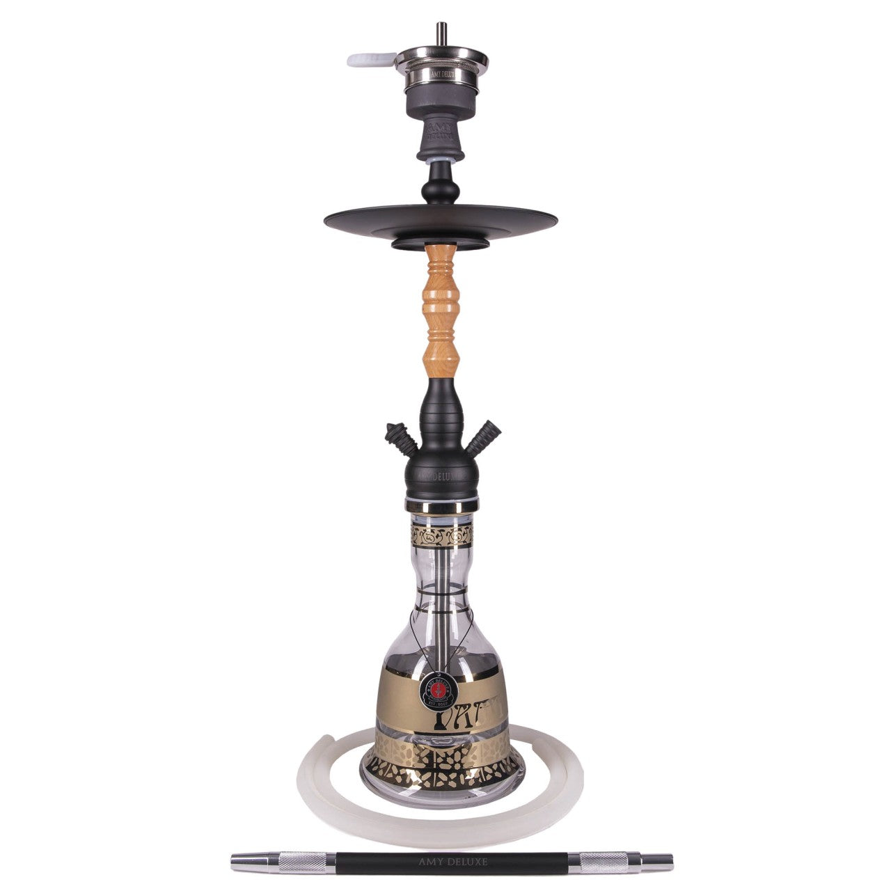 Shisha AMY estilo egipcio Khalil Mamoon modelo Tradi Matt Black Wood Clear para tabaco y humo hookah premium